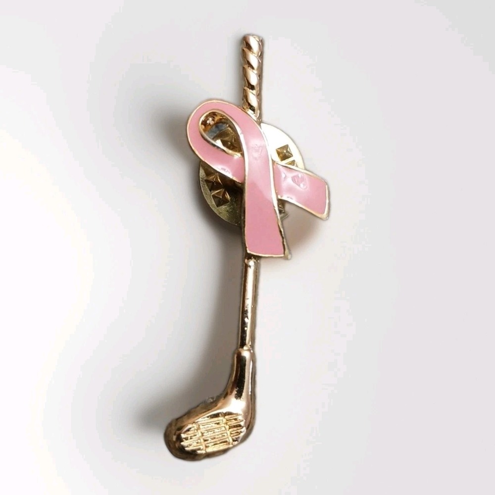 Pink Ribbon Breast Cancer Awareness Golf Club Lapel Pin Pinback Tie Tac Gold